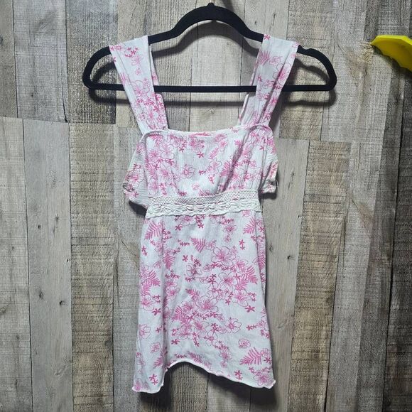 Vintage Tops - Red Paint Vintage Y2K Pink White Floral Peasant Tank Top Large Hawaii Coastal